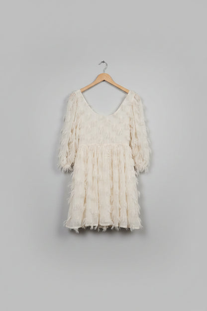 NEW Sister Jane (S) Cream Feathered Dress UK 8 10 EU 36 38 Puff-Sleeve Tassel Fringed
