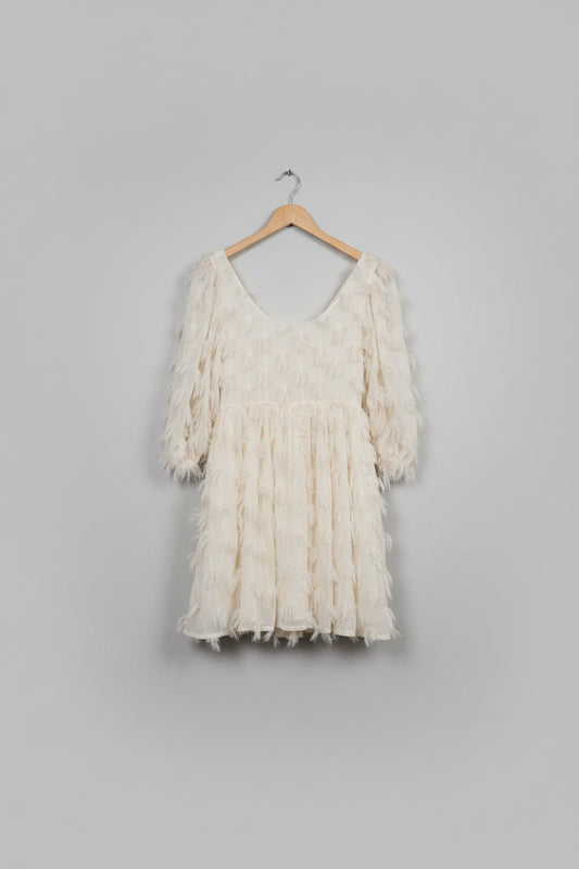NEW Sister Jane (S) Cream Feathered Dress UK 8 10 EU 36 38 Puff-Sleeve Tassel Fringed