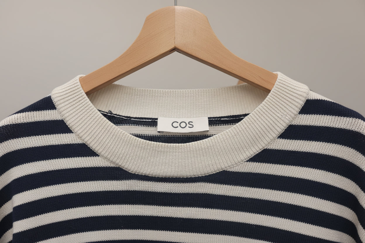 COS (M) Navy-Blue & White Striped Fine-Knit Jumper UK 10 12 EU 38 40 - 100% Cotton