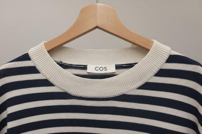 COS (M) Navy-Blue & White Striped Fine-Knit Jumper UK 10 12 EU 38 40 - 100% Cotton
