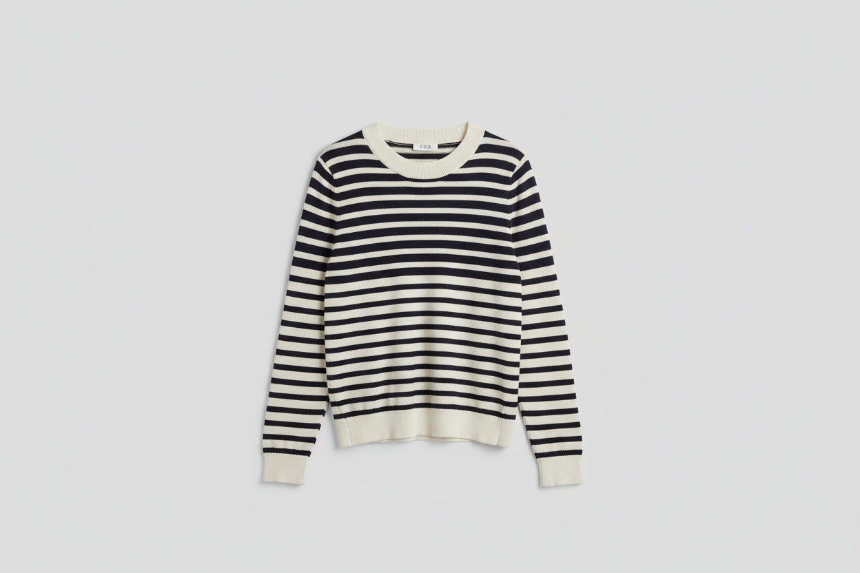 COS (M) Navy-Blue & White Striped Fine-Knit Jumper UK 10 12 EU 38 40 - 100% Cotton