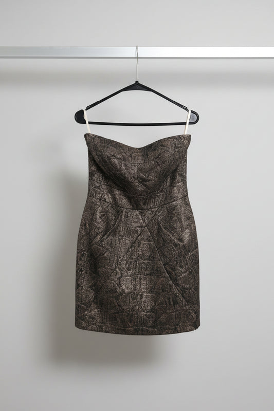 Karen Millen metallic black and gold jacquard strapless cocktail dress size 10