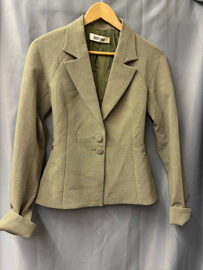 Charlotte Knowles (S) Green Beige Tartan Plaid Trouser Suit UK 8 10 Fitted Blazer Flared Trousers