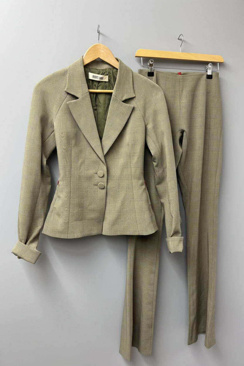 Charlotte Knowles (S) Green Beige Tartan Plaid Trouser Suit UK 8 10 Fitted Blazer Flared Trousers
