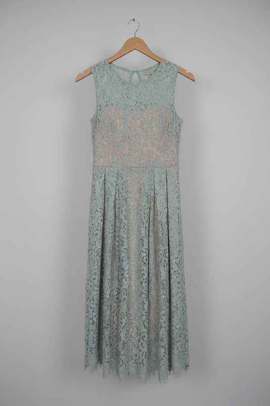 H&M Soft Green Lace Dress UK 6 EU 34 Midi Floral Swing