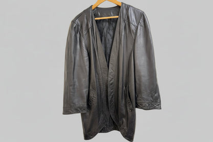 Vintage Etienne Aigner Soft Black Leather Longline Ladies Coat-USED VGC UK SIZE 10