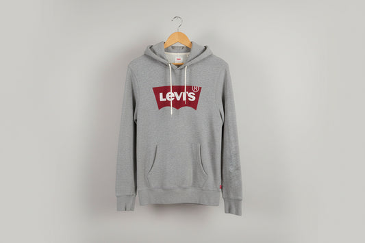 LEVI (S) Spell-Out Logo Grey Pull-Over Hoodie Hoody Jumper - GOOD USED CONDITION