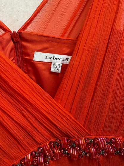 L.K. Bennett Orange Silk Cocktail Party Dress - UK 12 EU 40 - V-Neck Swing