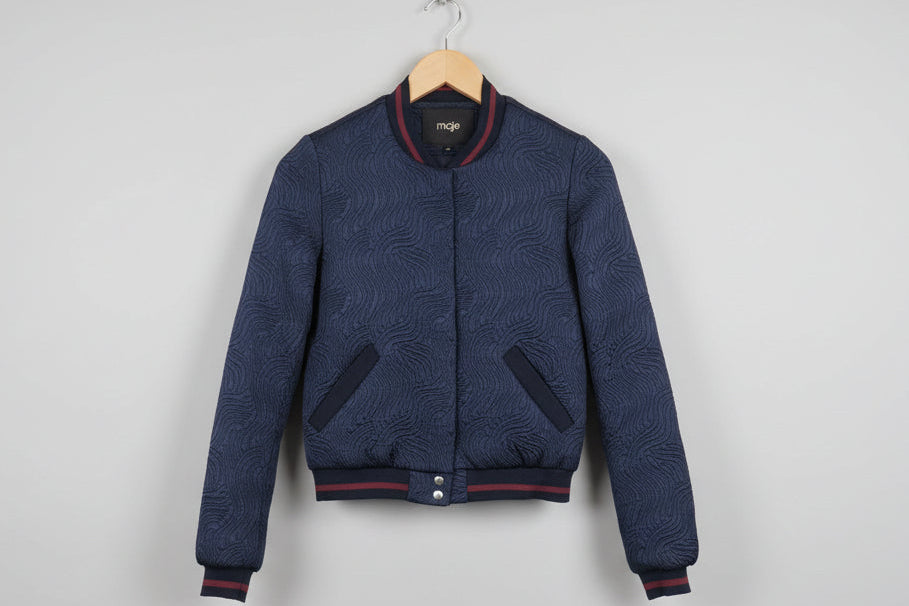 MAJE Spring Bomber Jacket Navy Blue - EU 38 UK 10 Textured Swirl Print