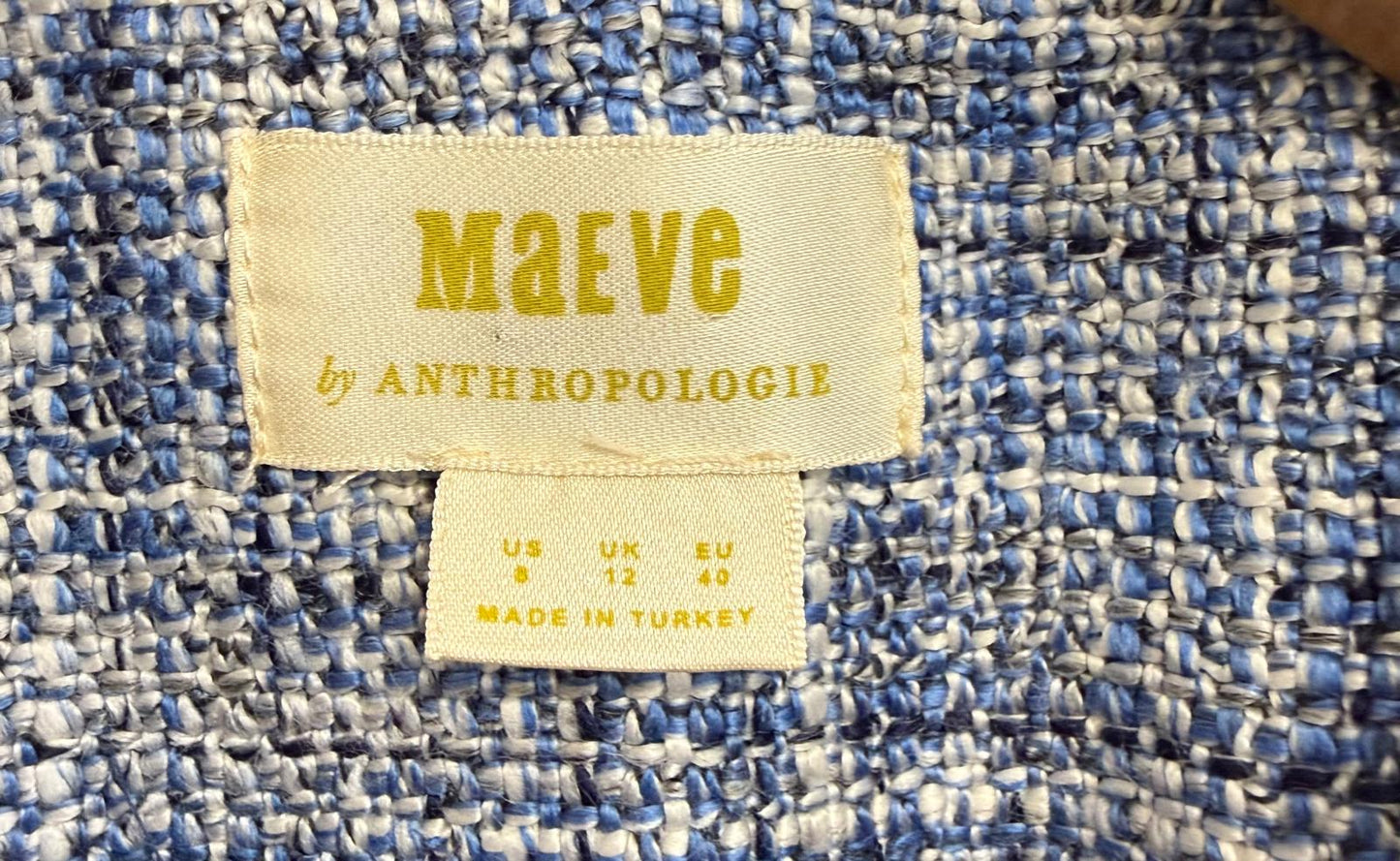 Maeve Anthropologie Blue & White Boucle Jacket UK 12 EU 40 Buttoned Blazer - GOOD USED CONDITION