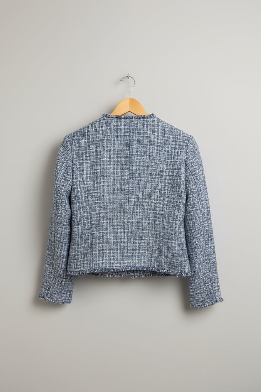 Maeve Anthropologie Blue & White Boucle Jacket UK 12 EU 40 Buttoned Blazer - GOOD USED CONDITION