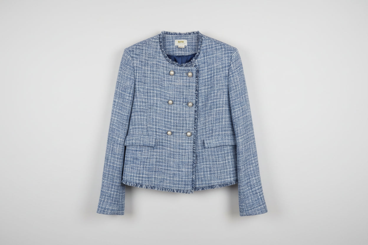 Maeve Anthropologie Blue & White Boucle Jacket UK 12 EU 40 Buttoned Blazer - GOOD USED CONDITION
