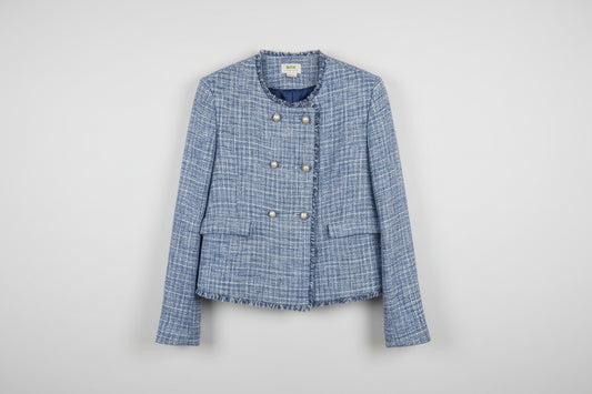 Maeve Anthropologie Blue & White Boucle Jacket UK 12 EU 40 Buttoned Blazer - GOOD USED CONDITION
