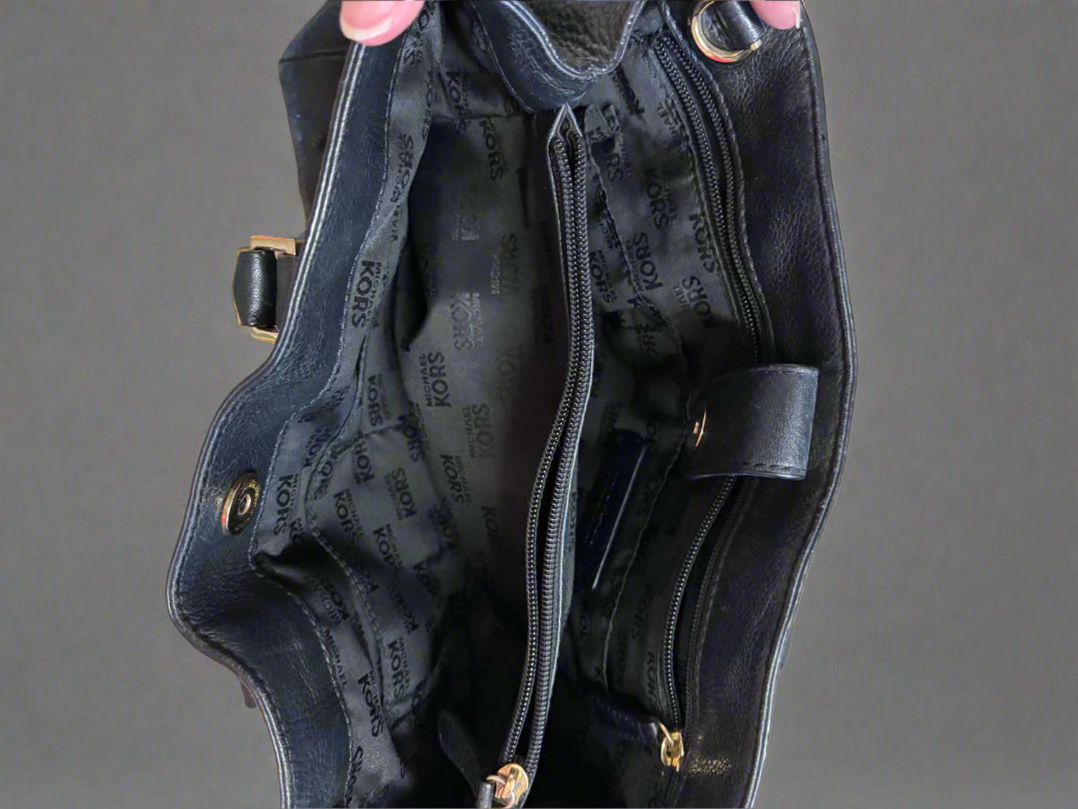 Michael Kors Black Leather Handbag with Gold Metalwork