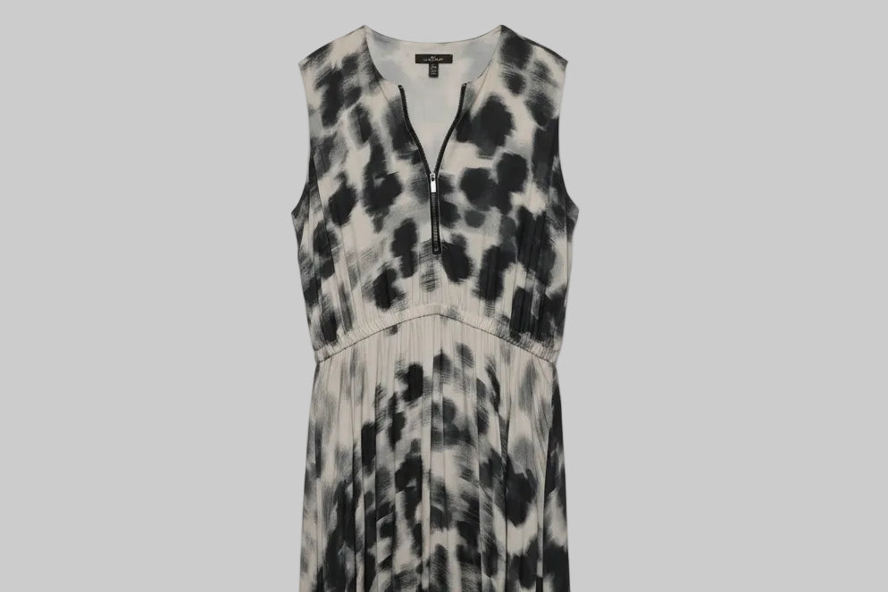 long sleeveless Mint Velvet dress with zipper front detail and handkerchief hem size medium