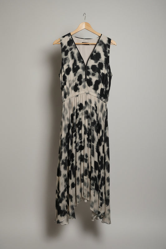 long sleeveless Mint Velvet dress with zipper front detail and handkerchief hem size medium