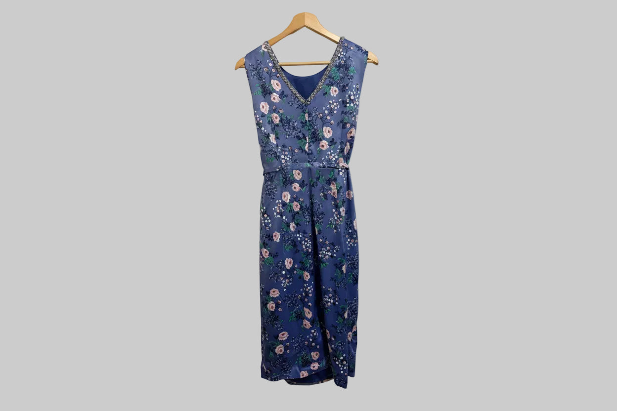 Monsoon Floral Occasion/Wedding Guest Midi Dress UK SIZE 16 EU 44 - Blue Floral -  USED VGC