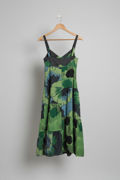 Monsoon Collection Silk Blend Hand Beaded Dress UK 10 EU 38 Green & Blue Floral Tiered Midi - BNWT