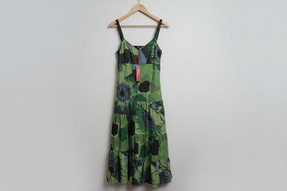 Monsoon Collection Silk Blend Hand Beaded Dress UK 10 EU 38 Green & Blue Floral Tiered Midi - BNWT