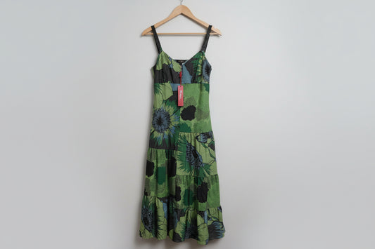 Monsoon Collection Silk Blend Hand Beaded Dress UK 10 EU 38 Green & Blue Floral Tiered Midi - BNWT