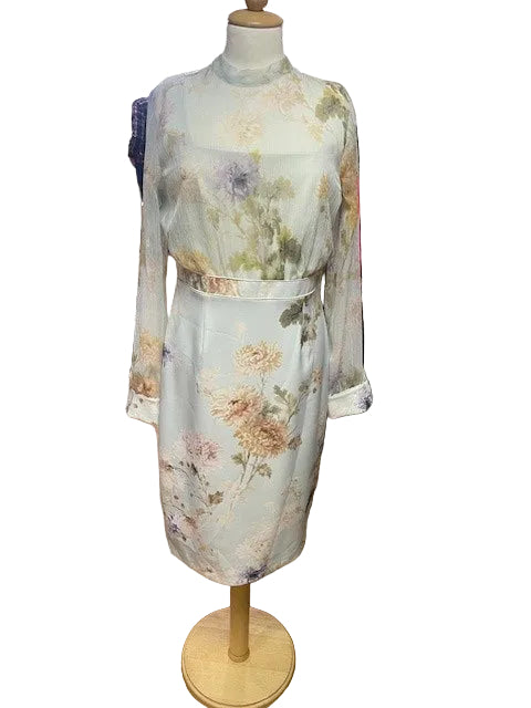 NEW Phase Eight Floral Midi Dress UK 12 EU 40 - Sheer Sleeves & Neck-Tie - RRP £130
