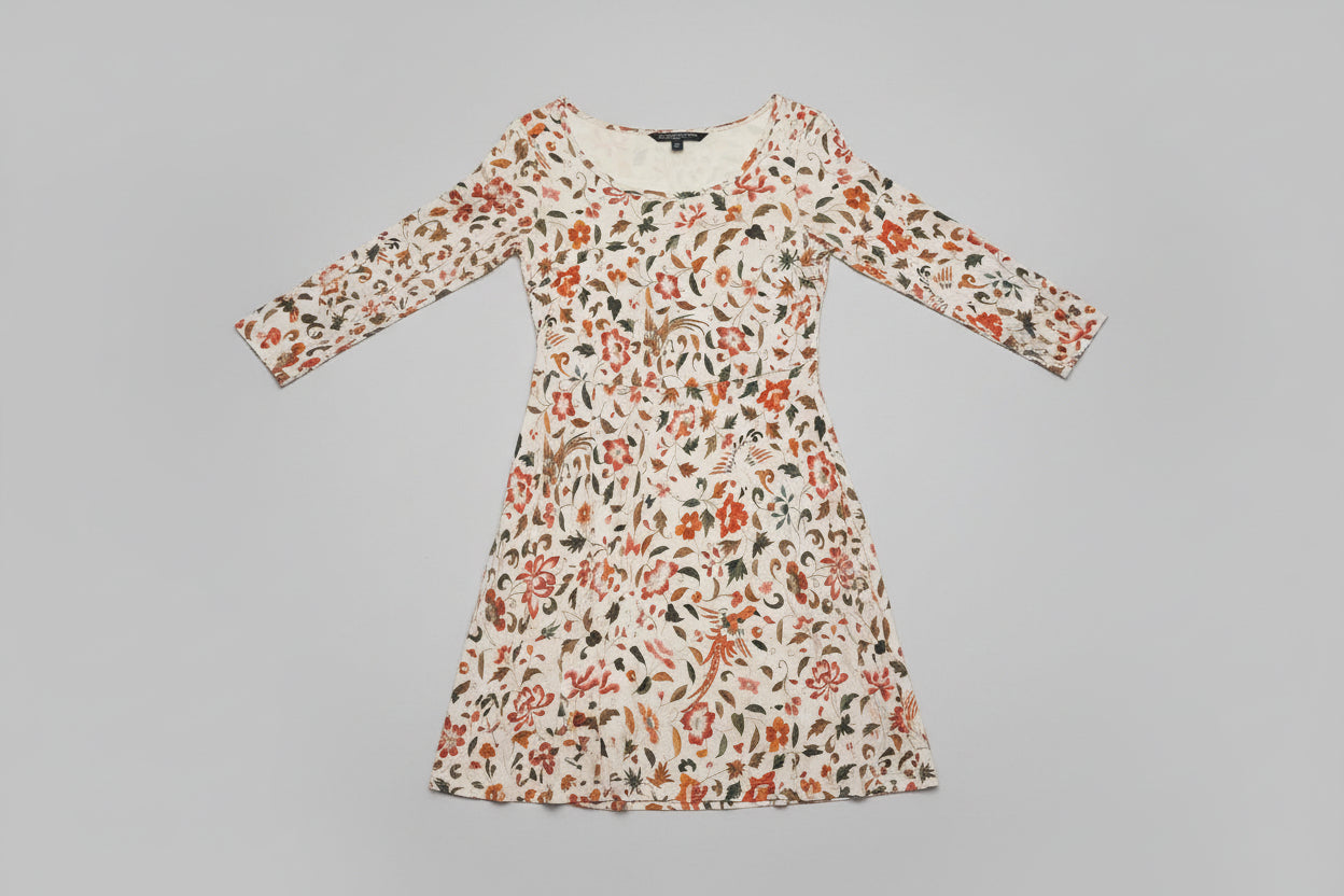Peruvian Connection (S) Beige Disty Floral Midi Swing Dress UK 8 10 EU 36 38