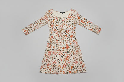 Peruvian Connection (S) Beige Disty Floral Midi Swing Dress UK 8 10 EU 36 38