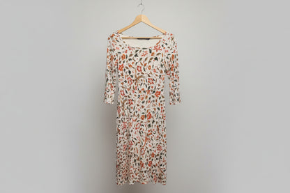 Peruvian Connection (S) Beige Disty Floral Midi Swing Dress UK 8 10 EU 36 38