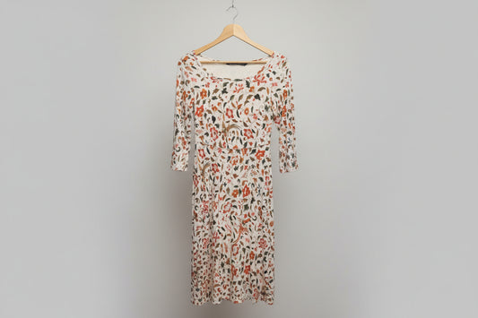 Peruvian Connection (S) Beige Disty Floral Midi Swing Dress UK 8 10 EU 36 38