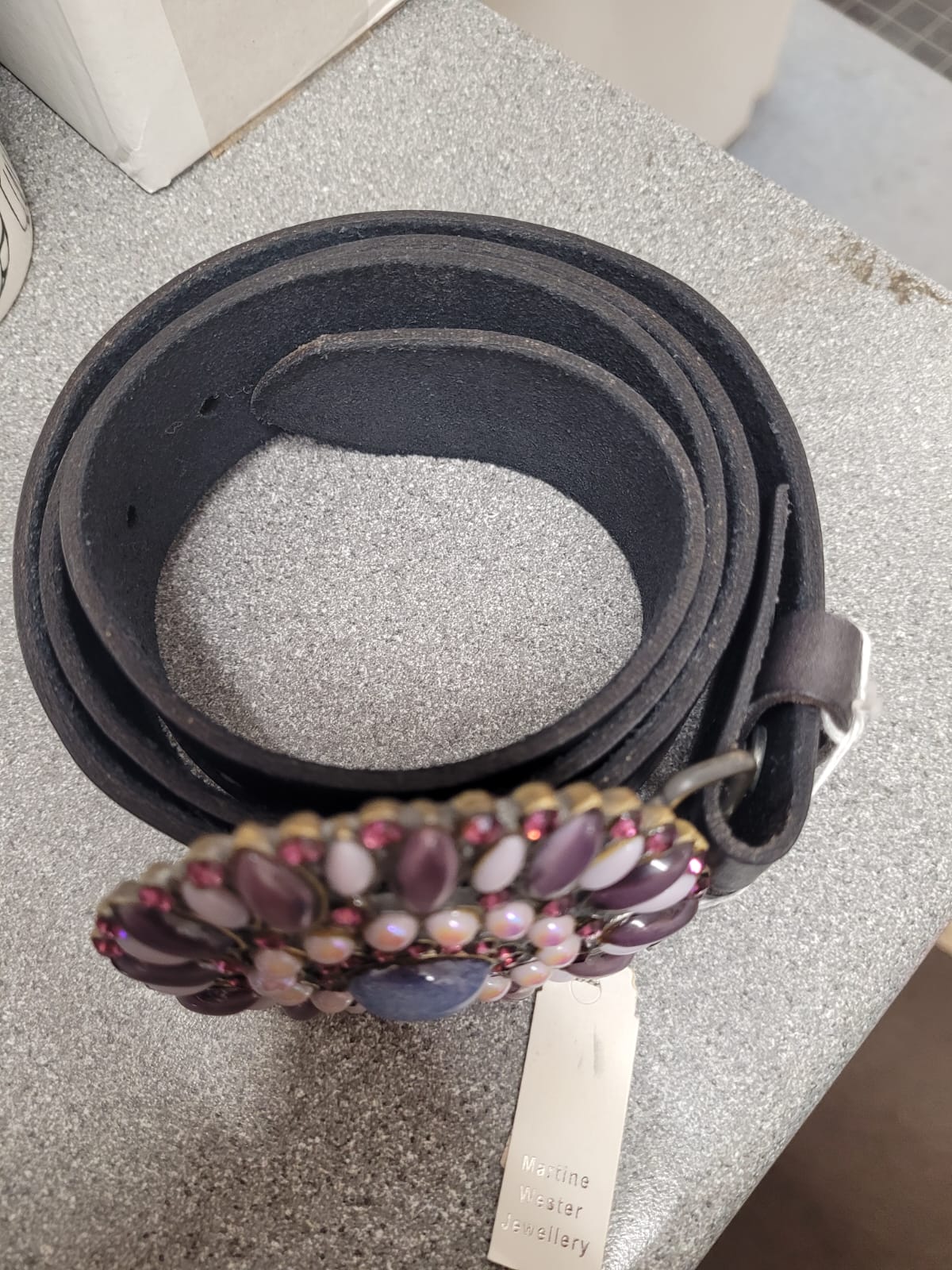 NEW Martine Wester London Genuine Leather Belt - Black - Size Medium - Purple Floral Diamante Buckle