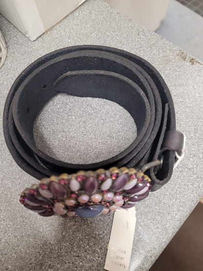 NEW Martine Wester London Genuine Leather Belt - Black - Size Medium - Purple Floral Diamante Buckle