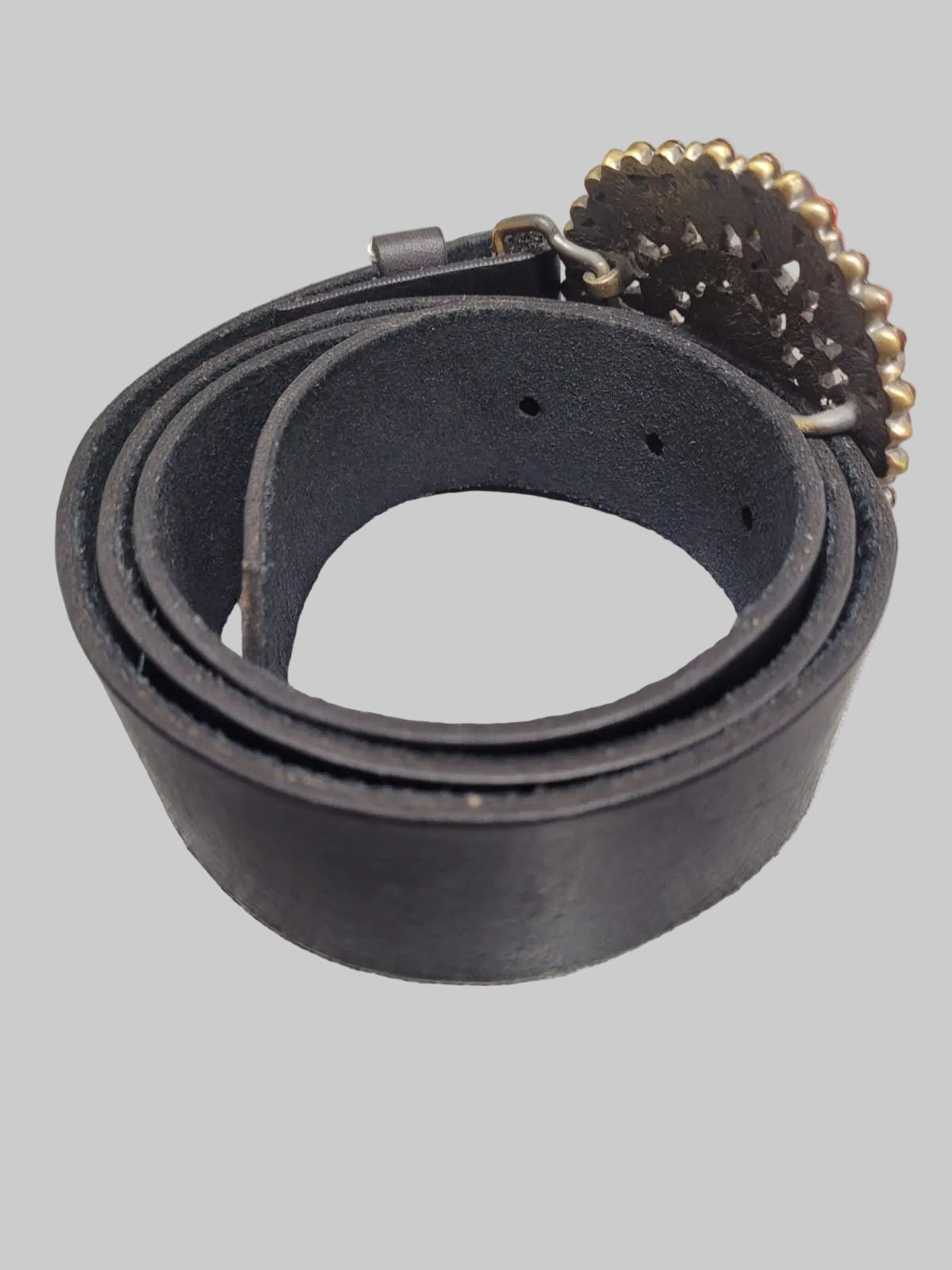 NEW Martine Wester London Genuine Leather Belt - Black - Size Medium - Purple Floral Diamante Buckle