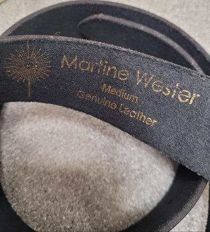NEW Martine Wester London Genuine Leather Belt - Black - Size Medium - Purple Floral Diamante Buckle
