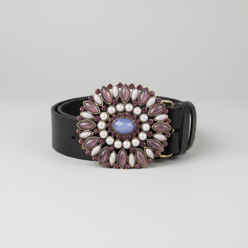 NEW Martine Wester London Genuine Leather Belt - Black - Size Medium - Purple Floral Diamante Buckle
