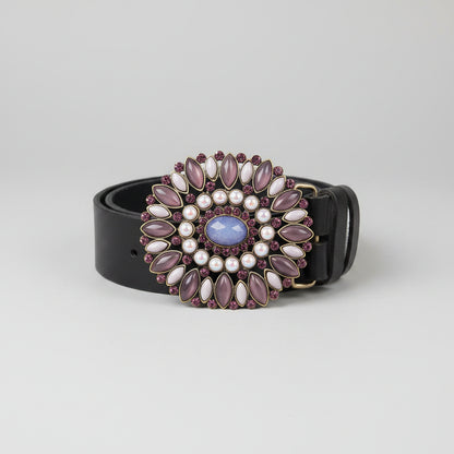 NEW Martine Wester London Genuine Leather Belt - Black - Size Medium - Purple Floral Diamante Buckle