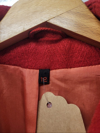 Admyra Red Wool Tweed Coat UK 12 EU 40 Buttoned Midi Long-Sleeve Pure New Wool