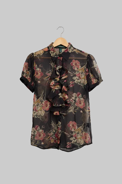 Ralph Lauren Sheer Floral Ruffle Blouse USED VGC SIZE MED