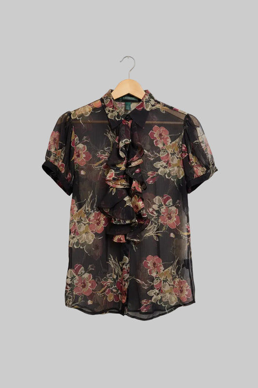 Ralph Lauren Sheer Floral Ruffle Blouse USED VGC SIZE MED