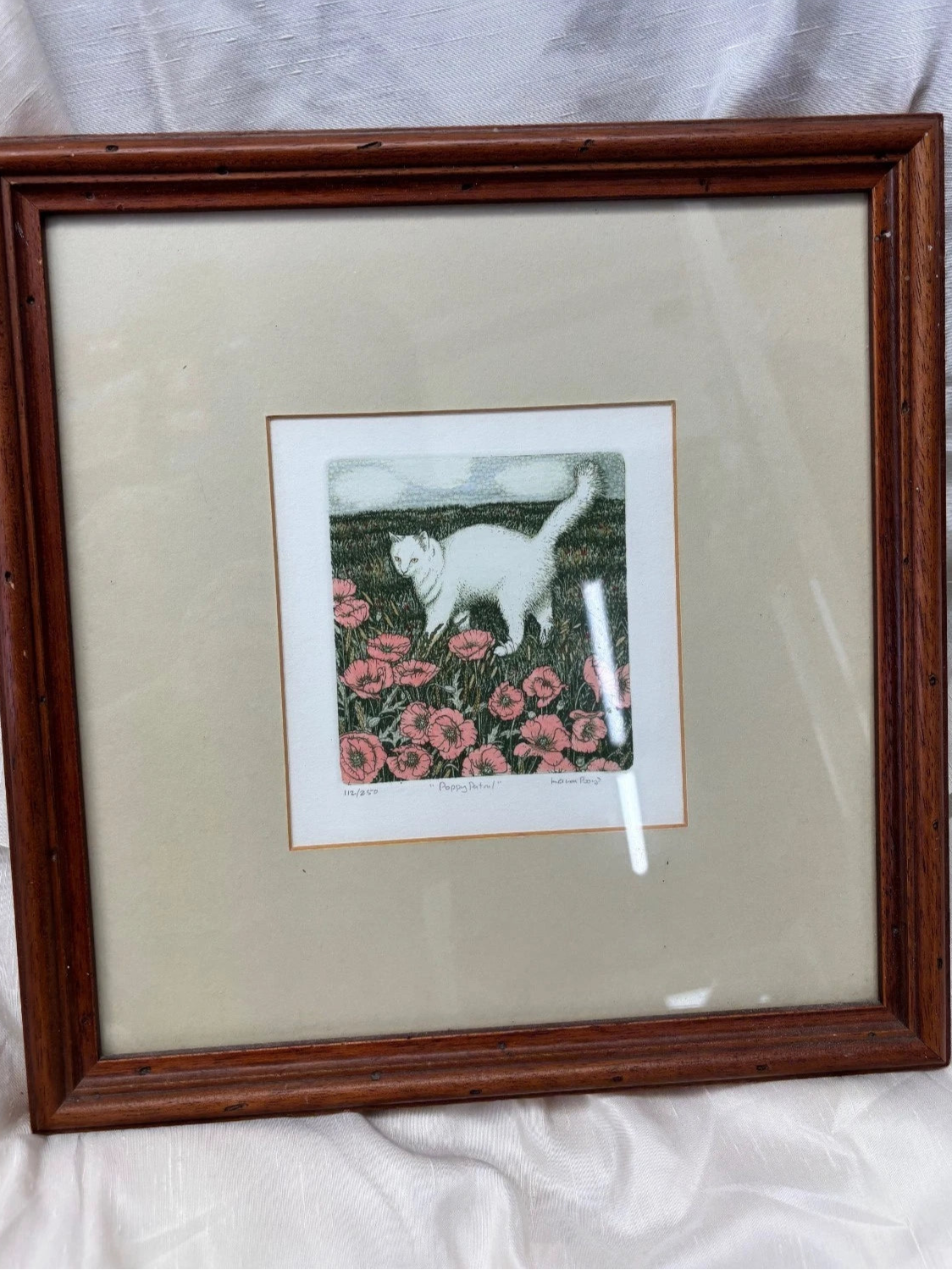 Limited edition etching White Cat 112/250 'Poppy Patrol' by Laura Boyd
