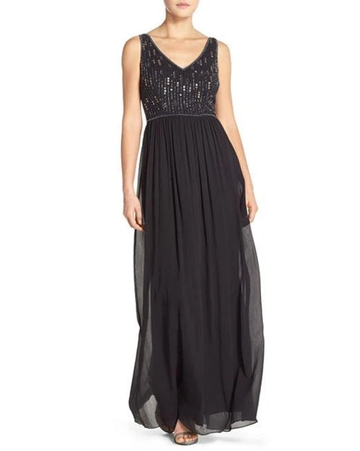 Adrianna Papell V-Neck Chiffon Black Maxi Dress