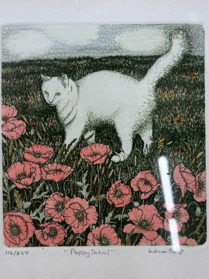 Limited edition etching White Cat 112/250 'Poppy Patrol' by Laura Boyd