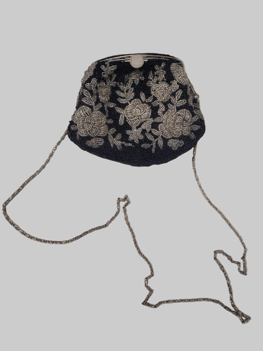 Black & White Women's Vintage Beaded Bag Silver Chain Long Strap