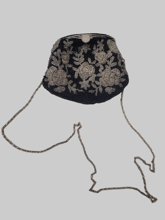 Black & White Women's Vintage Beaded Bag Silver Chain Long Strap