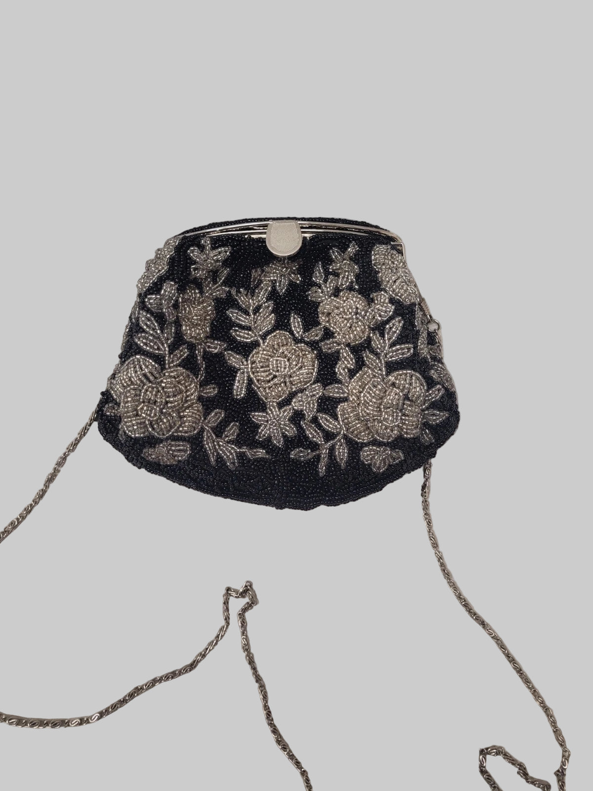 Black & White Women's Vintage Beaded Bag Silver Chain Long Strap