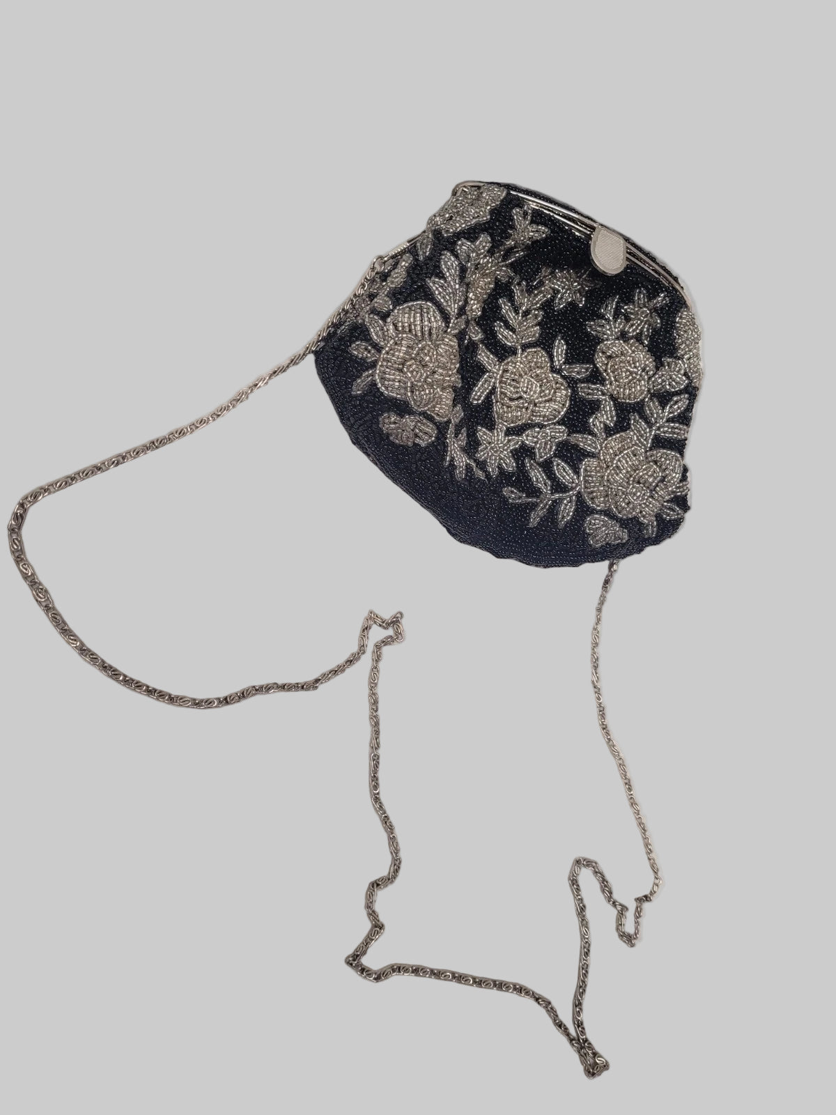 Black & White Women's Vintage Beaded Bag Silver Chain Long Strap