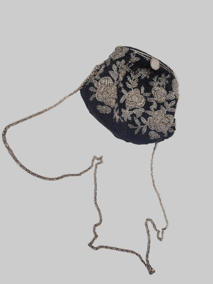 Black & White Women's Vintage Beaded Bag Silver Chain Long Strap