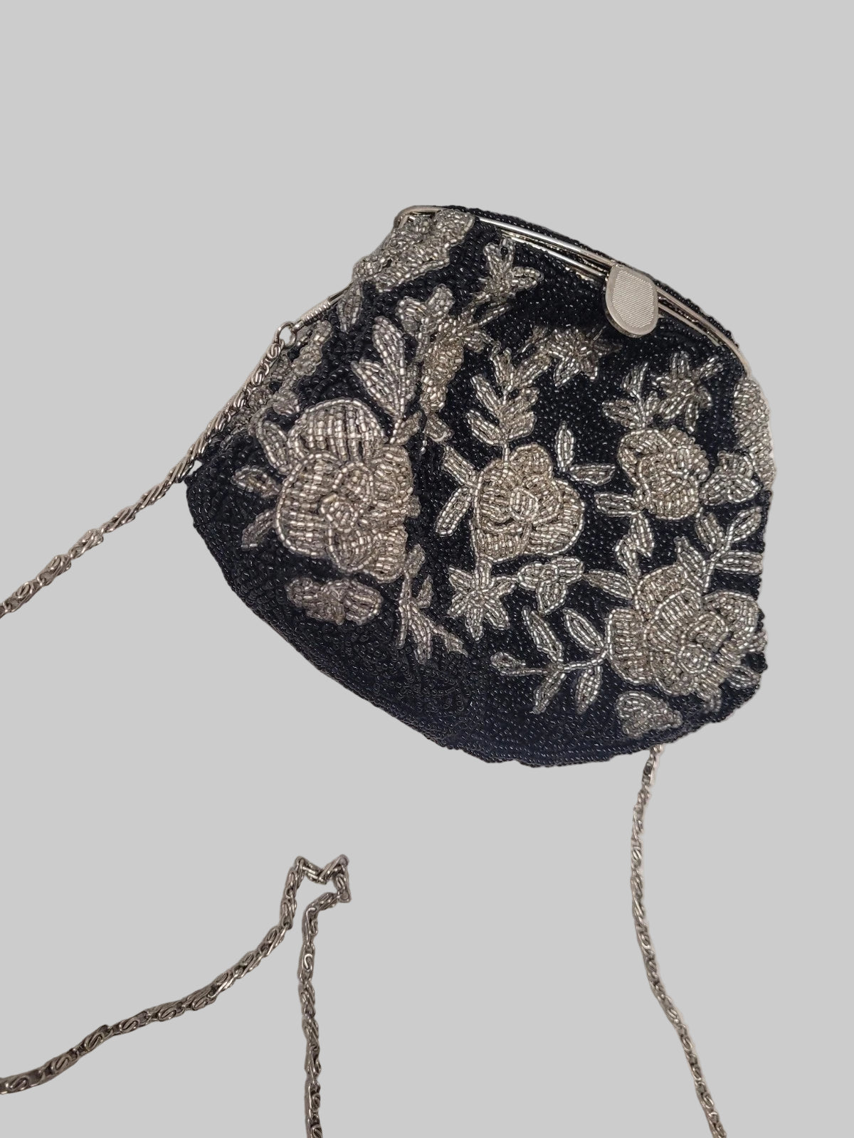 Black & White Women's Vintage Beaded Bag Silver Chain Long Strap