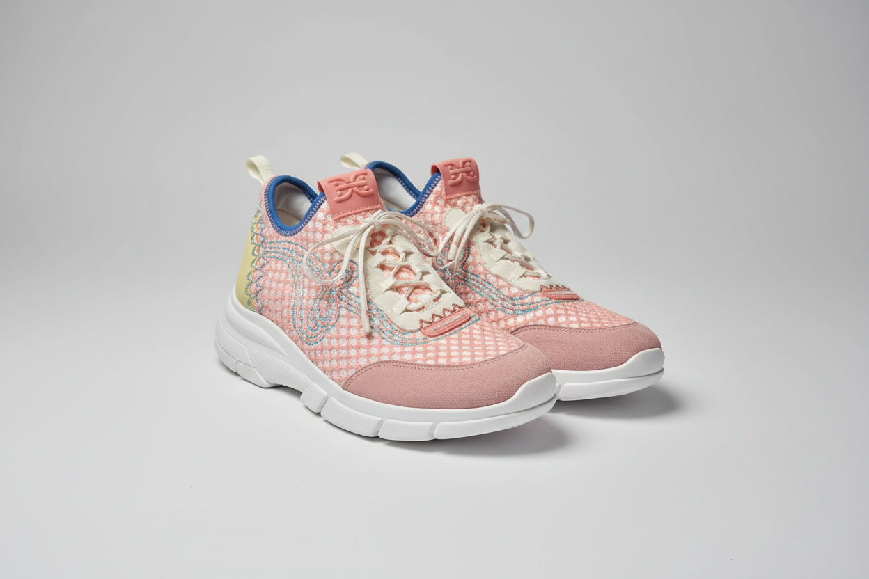 Sam Edelman Trainers UK 5 EU 38 Embroidered Pink & Blue Lace-Up White Sneakers - GOOD USED CONDITION