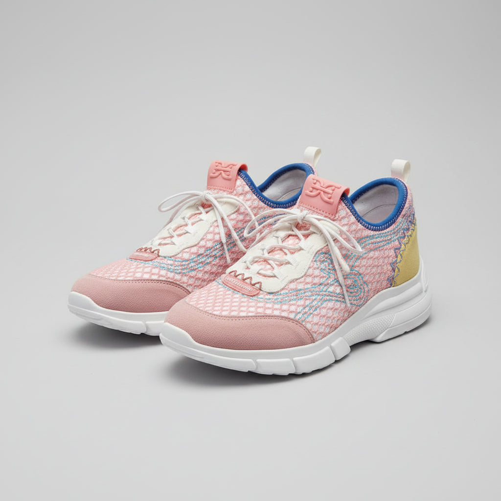 Sam Edelman Trainers UK 5 EU 38 Embroidered Pink & Blue Lace-Up White Sneakers - GOOD USED CONDITION