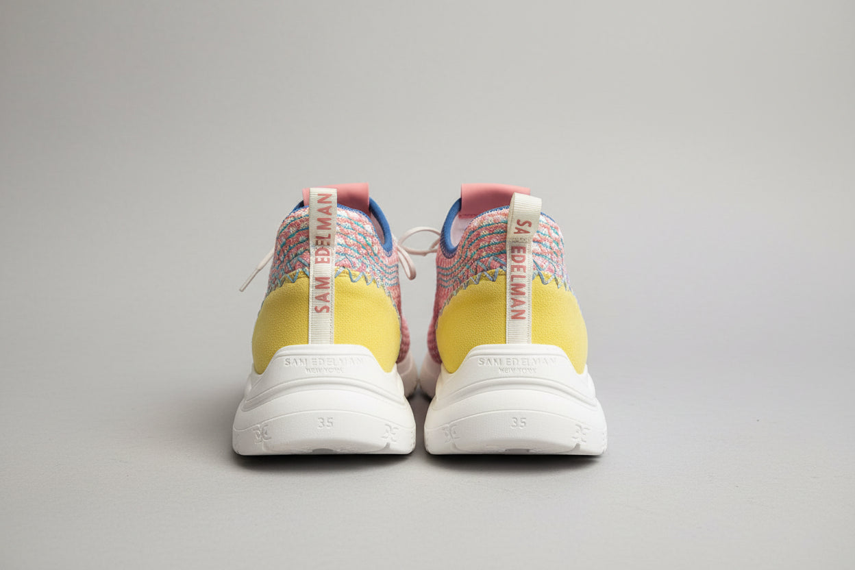 Sam Edelman Trainers UK 5 EU 38 Embroidered Pink & Blue Lace-Up White Sneakers - GOOD USED CONDITION